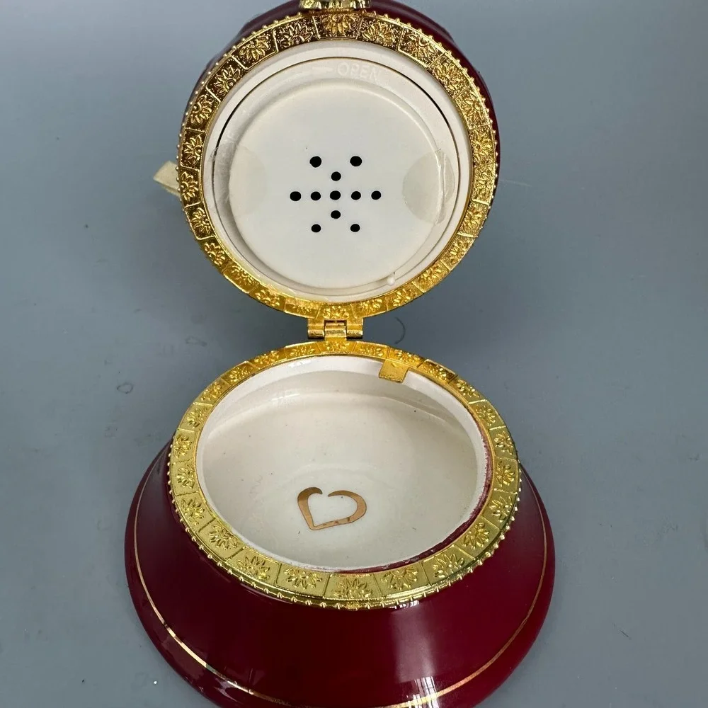 Vintage Porcelain Musical Bell Ornament Hinged Trinket Box Burgundy Gold‎ Sleigh